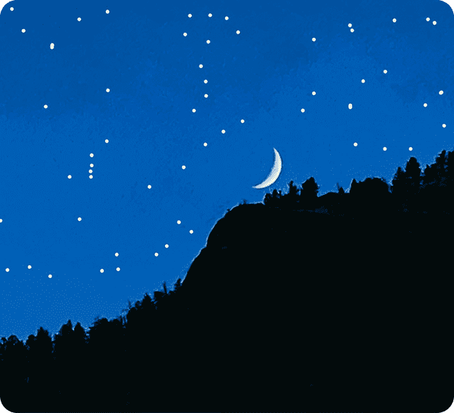 Night sky with crescent moon over a silhouetted hill and forest.